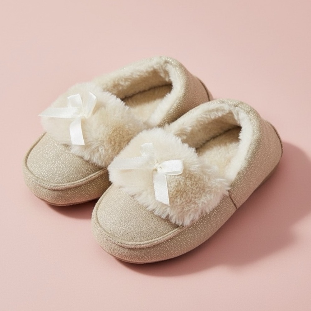 Gina Group Girls Faux Fur Plush Bow Moccasin House Slippers Champagne Gold 11T